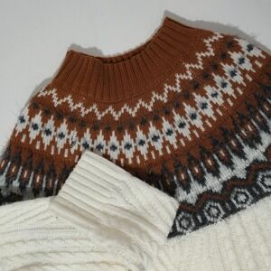 Copper Key Sweater Sz L Cream Fisherman Knit Brown Fair Isle Fuzzy Nordic Cozy